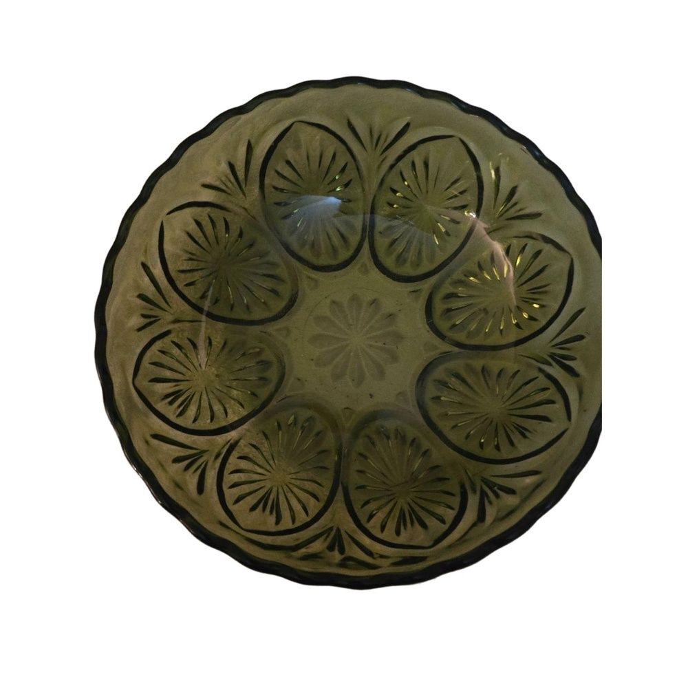 Vintage Mid Century Dark Olive Green Pressed Glass Serving Bowl Scalloped Starbu